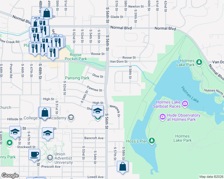 map of restaurants, bars, coffee shops, grocery stores, and more near 3007 South 57th Street in Lincoln