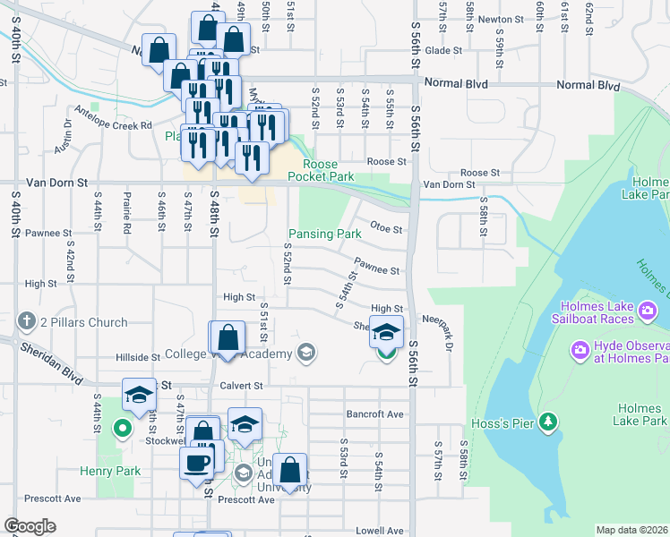 map of restaurants, bars, coffee shops, grocery stores, and more near 3021 South 53rd Street in Lincoln