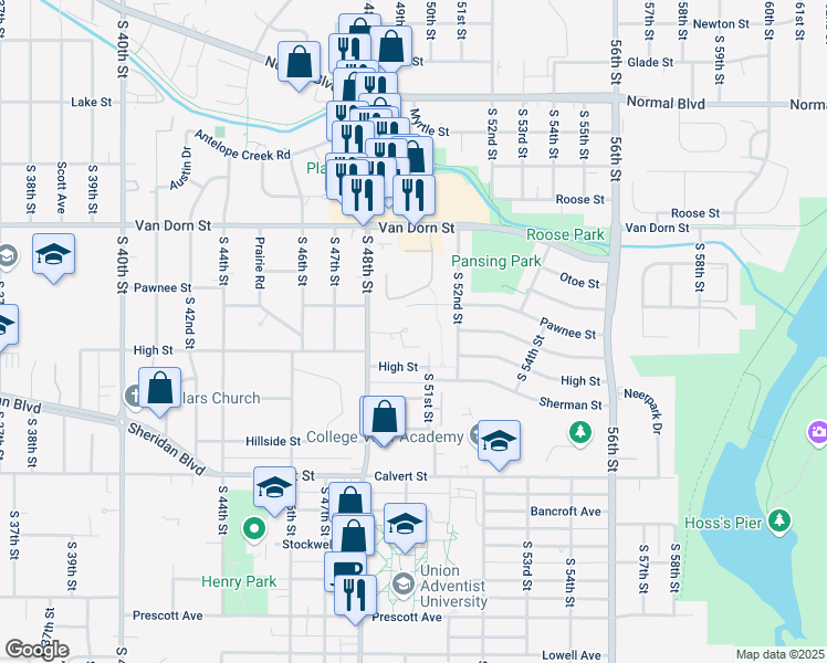 map of restaurants, bars, coffee shops, grocery stores, and more near 68 South 51st Street Court in Lincoln