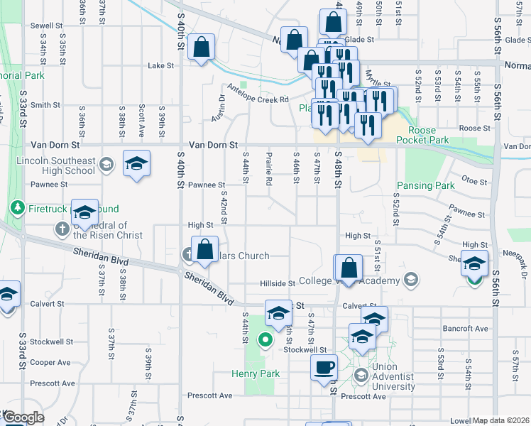 map of restaurants, bars, coffee shops, grocery stores, and more near 4433 Pawnee Street in Lincoln