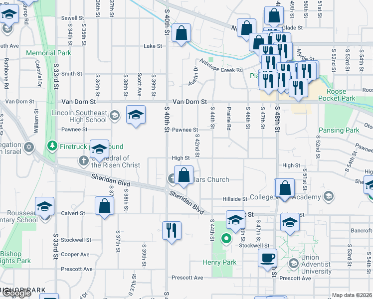 map of restaurants, bars, coffee shops, grocery stores, and more near 3024 South 41st Street in Lincoln