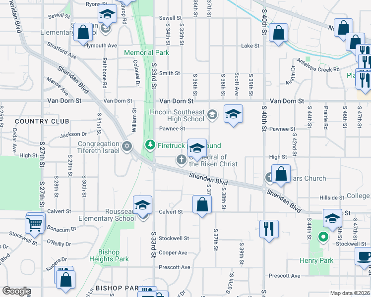 map of restaurants, bars, coffee shops, grocery stores, and more near 3035 South 35th Street in Lincoln