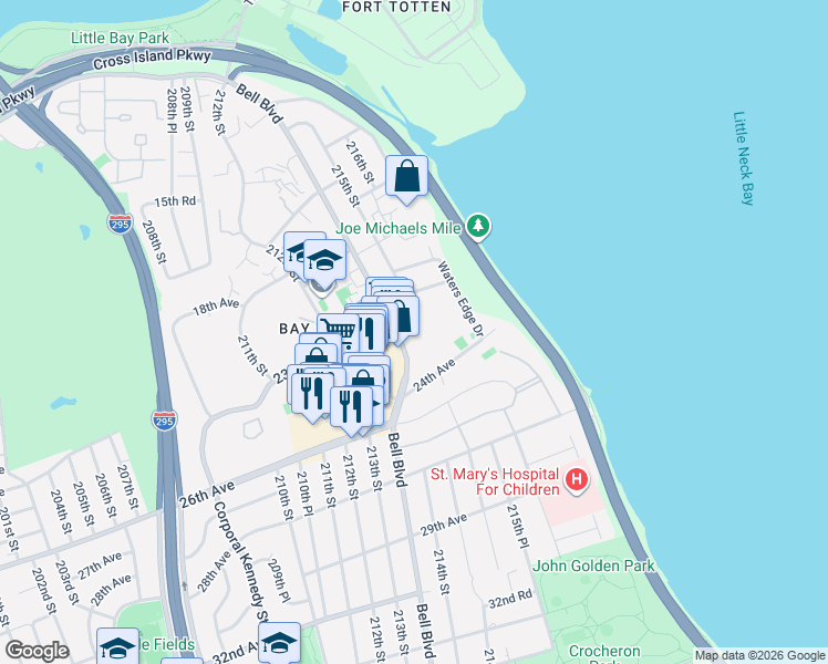 map of restaurants, bars, coffee shops, grocery stores, and more near 23-35 Bell Boulevard in Queens