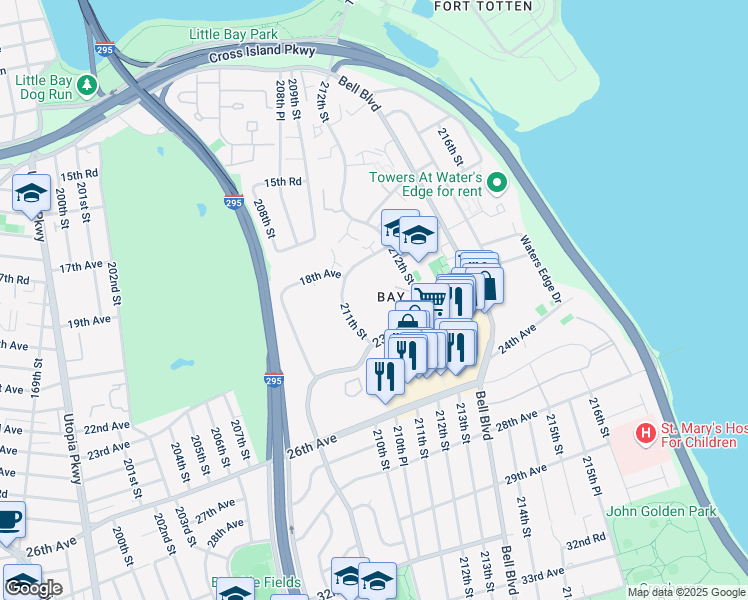 map of restaurants, bars, coffee shops, grocery stores, and more near 211-40 18th Avenue in Queens