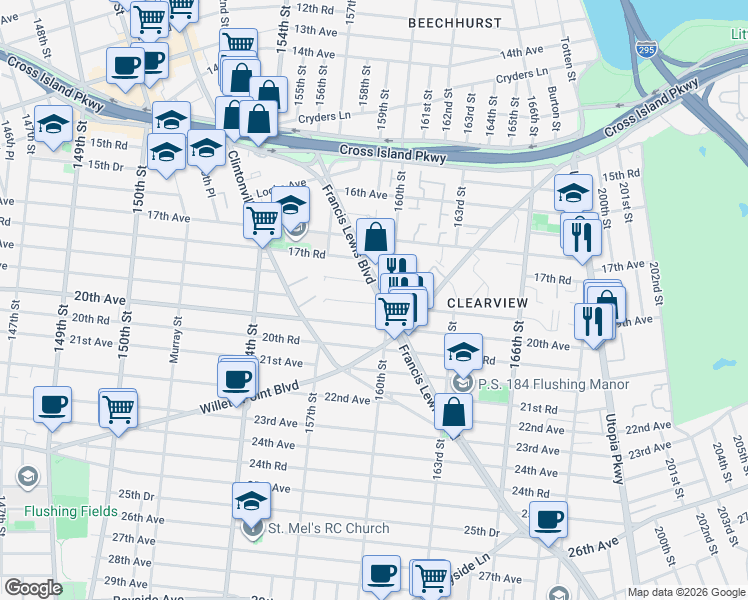 map of restaurants, bars, coffee shops, grocery stores, and more near 17-53 160th Street in Queens