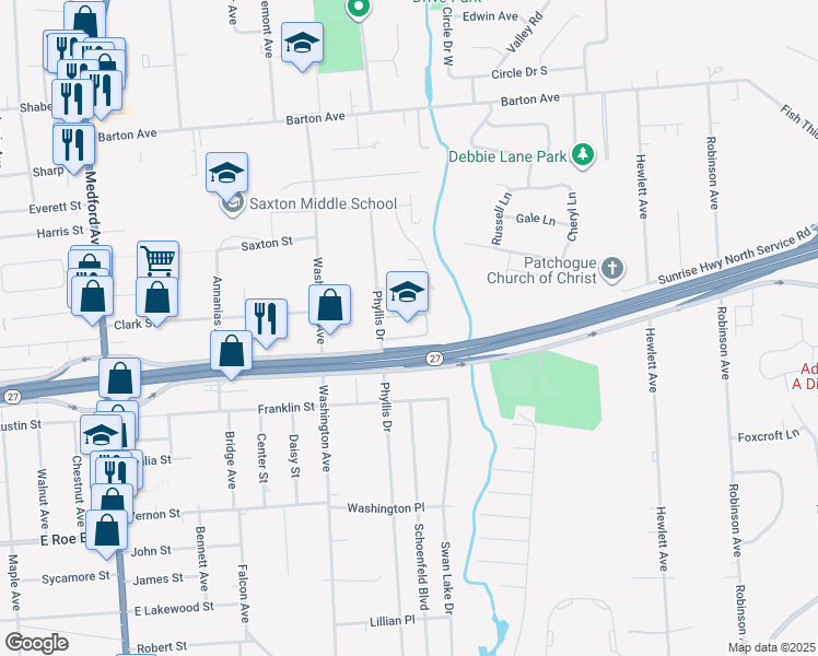 map of restaurants, bars, coffee shops, grocery stores, and more near 201 Sunrise Highway in Patchogue