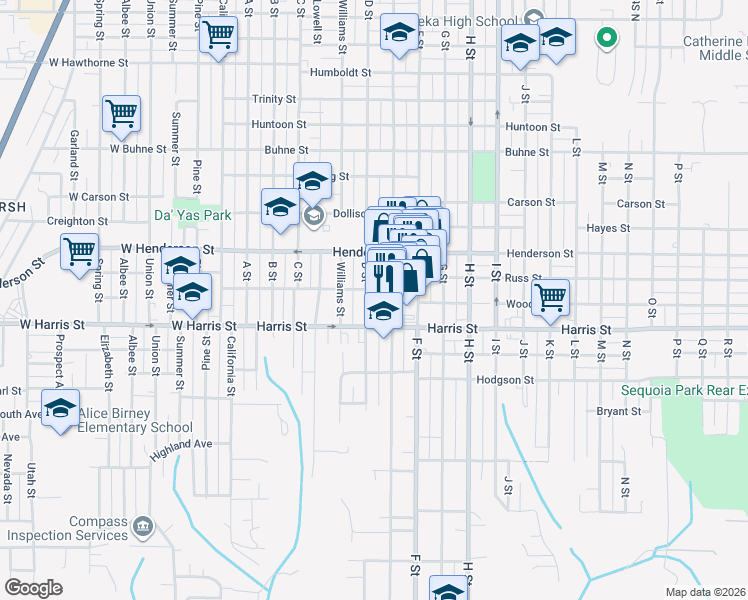 map of restaurants, bars, coffee shops, grocery stores, and more near 2851 D Street in Eureka