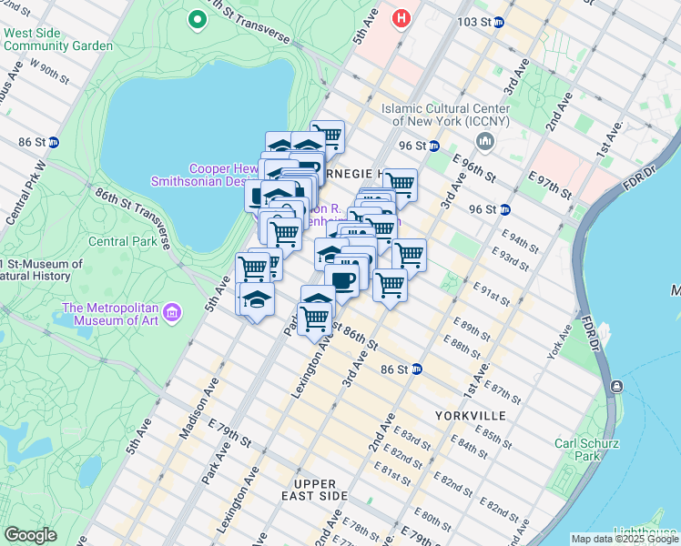 map of restaurants, bars, coffee shops, grocery stores, and more near 109 East 88th Street in New York