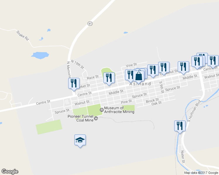 map of restaurants, bars, coffee shops, grocery stores, and more near 1609 Centre Street in Ashland