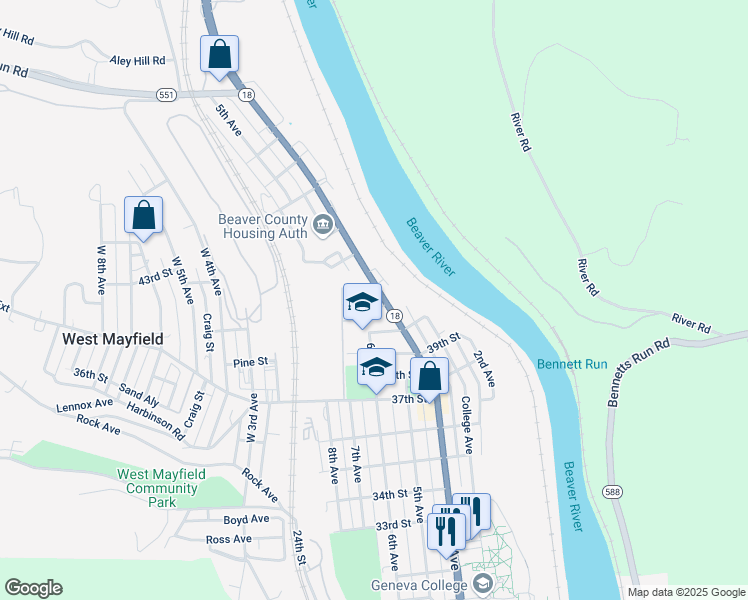map of restaurants, bars, coffee shops, grocery stores, and more near 4111 4th Avenue in Beaver Falls