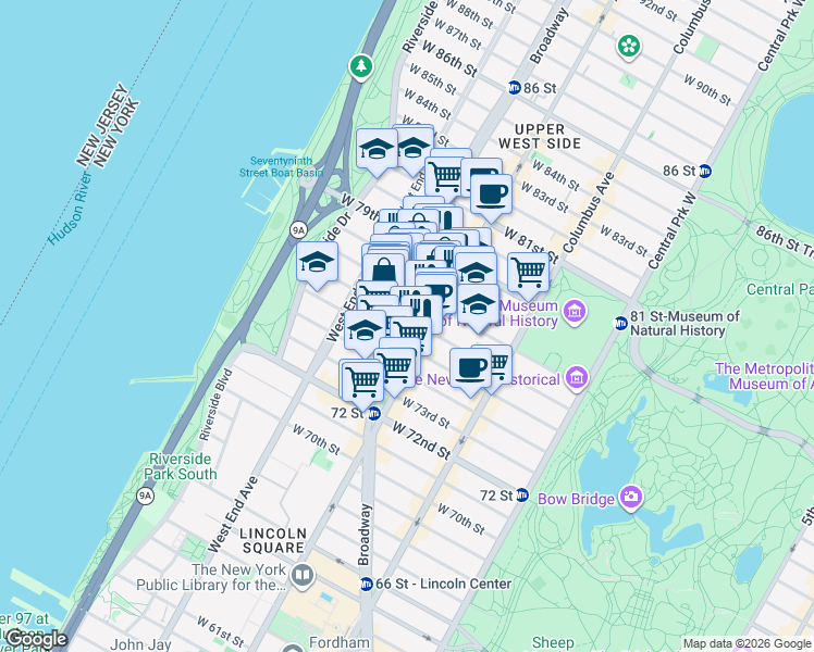 map of restaurants, bars, coffee shops, grocery stores, and more near 216 West 76th Street in New York