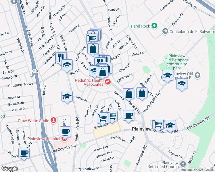 map of restaurants, bars, coffee shops, grocery stores, and more near 132 Manetto Hill Road in Plainview
