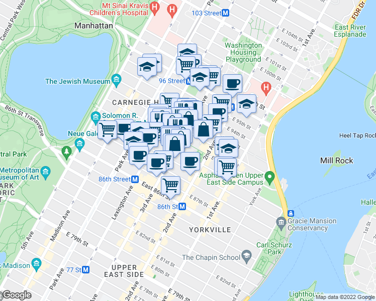 map of restaurants, bars, coffee shops, grocery stores, and more near in New York