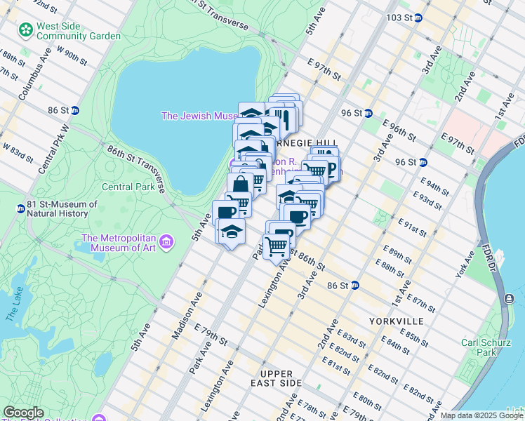 map of restaurants, bars, coffee shops, grocery stores, and more near 49 East 88th Street in New York