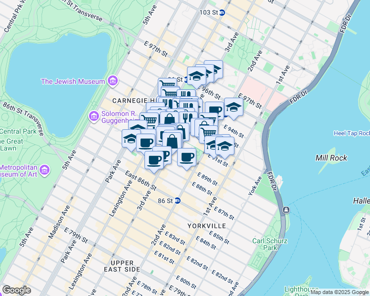 map of restaurants, bars, coffee shops, grocery stores, and more near 1601 3rd Avenue in New York