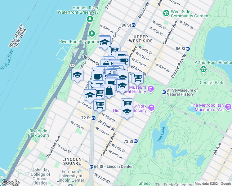 map of restaurants, bars, coffee shops, grocery stores, and more near 166 West 77th Street in New York