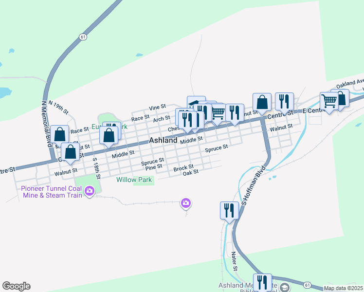 map of restaurants, bars, coffee shops, grocery stores, and more near 1017 Walnut Street in Ashland