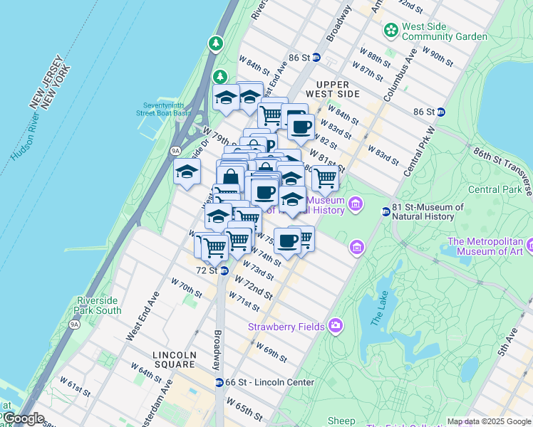 map of restaurants, bars, coffee shops, grocery stores, and more near 341 Amsterdam Avenue in New York