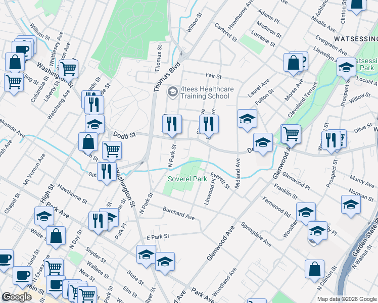 map of restaurants, bars, coffee shops, grocery stores, and more near 359 Dodd Street in East Orange
