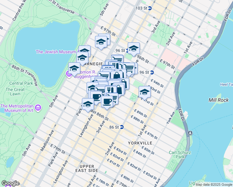 map of restaurants, bars, coffee shops, grocery stores, and more near 1600 3rd Avenue in New York