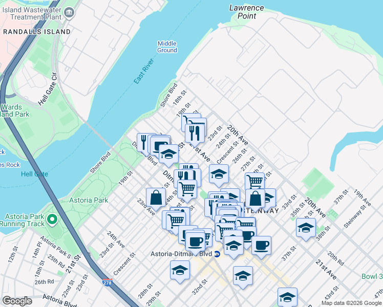 map of restaurants, bars, coffee shops, grocery stores, and more near 21-14 23rd Street in Queens