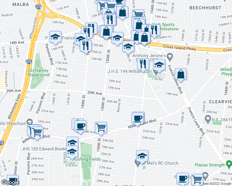 map of restaurants, bars, coffee shops, grocery stores, and more near 150-47 20th Avenue in Queens