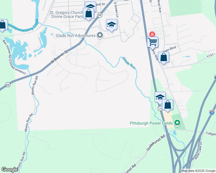 map of restaurants, bars, coffee shops, grocery stores, and more near 40 Fieldstone Place in Zelienople