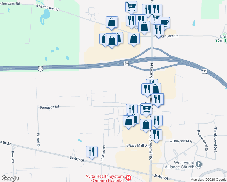map of restaurants, bars, coffee shops, grocery stores, and more near 2248 Ferguson Road in Ontario