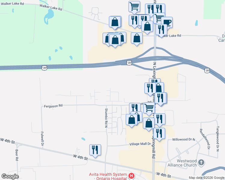 map of restaurants, bars, coffee shops, grocery stores, and more near 2248 Ferguson Road in Ontario