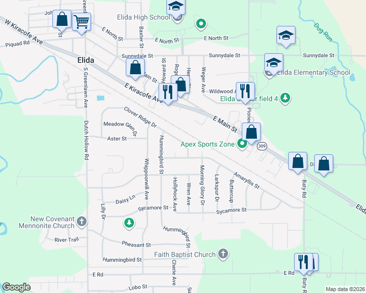 map of restaurants, bars, coffee shops, grocery stores, and more near 5648 Clover Ridge Drive in Elida
