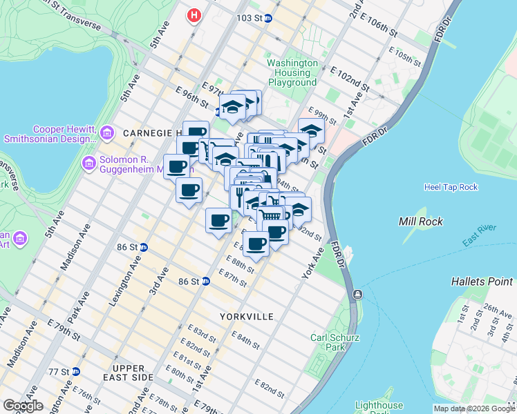 map of restaurants, bars, coffee shops, grocery stores, and more near 306 East 92nd Street in New York