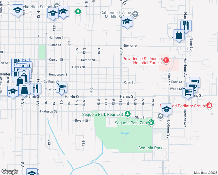 map of restaurants, bars, coffee shops, grocery stores, and more near 1639 Russ Street in Eureka
