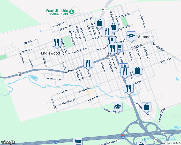 map of restaurants, bars, coffee shops, grocery stores, and more near 139 South 2nd Street in Frackville