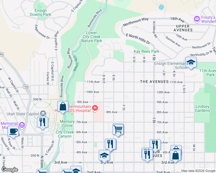 map of restaurants, bars, coffee shops, grocery stores, and more near 353 11th Avenue in Salt Lake City