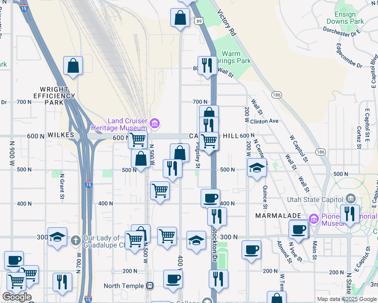 map of restaurants, bars, coffee shops, grocery stores, and more near 359 600 North in Salt Lake City