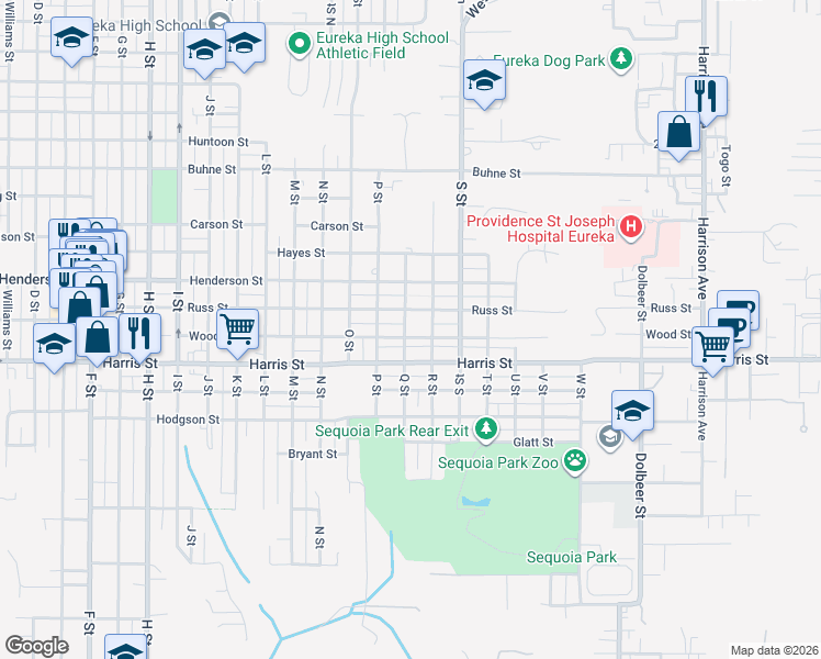 map of restaurants, bars, coffee shops, grocery stores, and more near 1639 Russ Street in Eureka