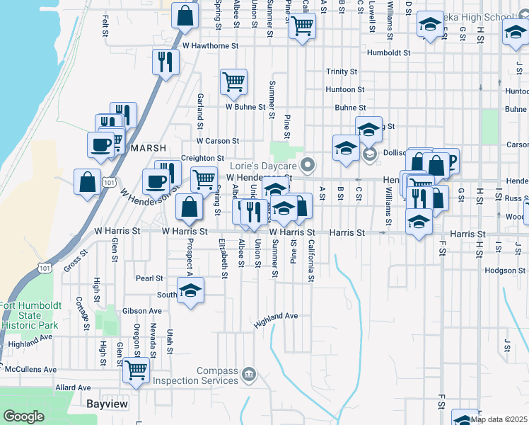 map of restaurants, bars, coffee shops, grocery stores, and more near 2906 Summer Street in Eureka