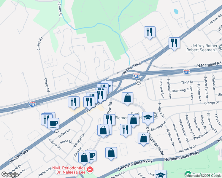 map of restaurants, bars, coffee shops, grocery stores, and more near 115 South Service Road in Jericho