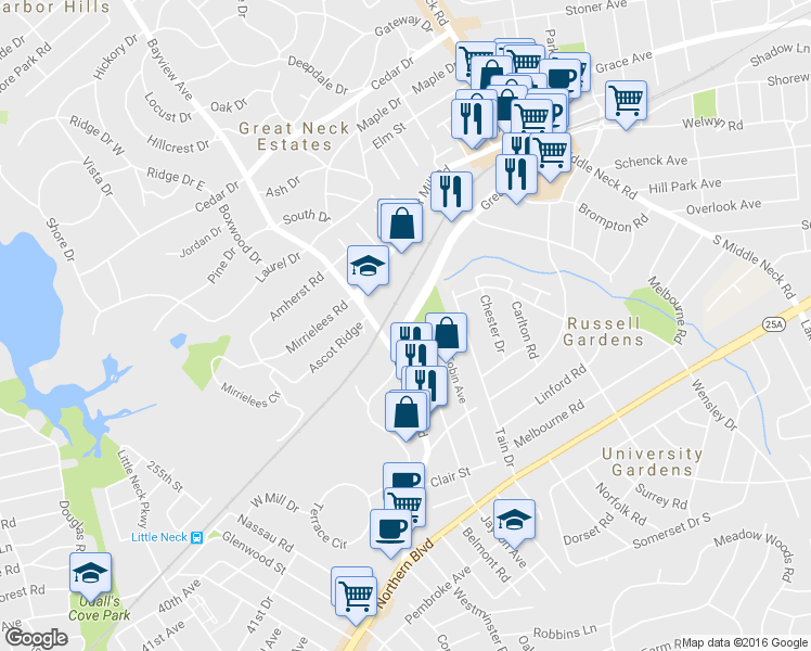 map of restaurants, bars, coffee shops, grocery stores, and more near 255 Great Neck Road in Great Neck