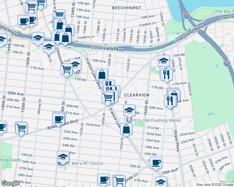map of restaurants, bars, coffee shops, grocery stores, and more near 16071F Willets Point Boulevard in Queens