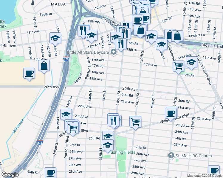 map of restaurants, bars, coffee shops, grocery stores, and more near 147-22 19th Avenue in Queens