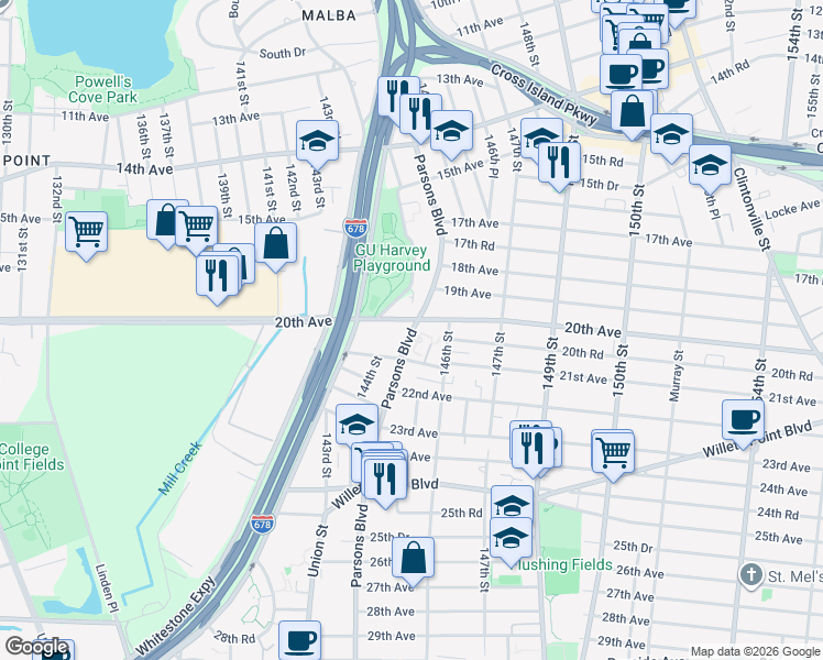 map of restaurants, bars, coffee shops, grocery stores, and more near 19-71 Parsons Boulevard in Queens