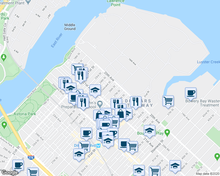map of restaurants, bars, coffee shops, grocery stores, and more near 20-22 Crescent Street in Queens