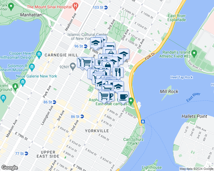 map of restaurants, bars, coffee shops, grocery stores, and more near 327 East 93rd Street in New York