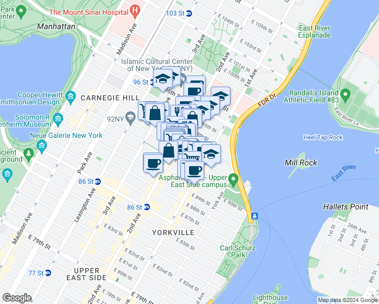 map of restaurants, bars, coffee shops, grocery stores, and more near 240 East 93rd Street in New York