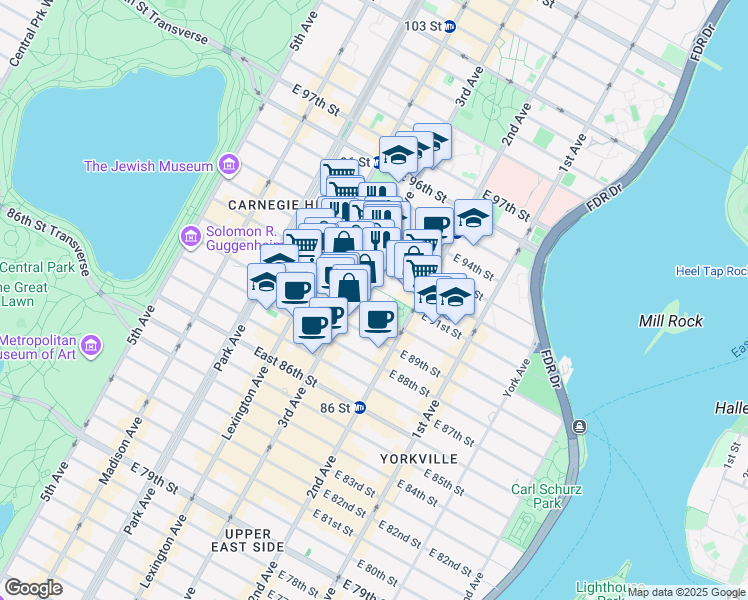 map of restaurants, bars, coffee shops, grocery stores, and more near in New York