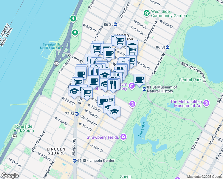 map of restaurants, bars, coffee shops, grocery stores, and more near 129 West 78th Street in New York