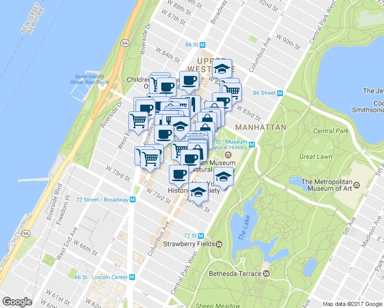 map of restaurants, bars, coffee shops, grocery stores, and more near 129 West 78th Street in New York