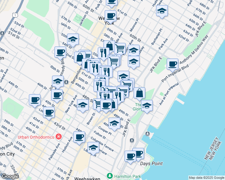 map of restaurants, bars, coffee shops, grocery stores, and more near 223 52nd Street in West New York