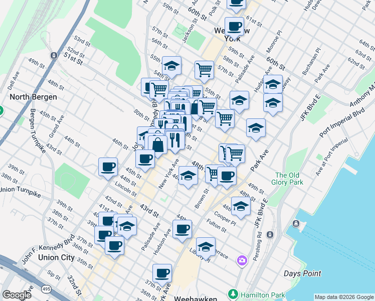 map of restaurants, bars, coffee shops, grocery stores, and more near 328 49th Street in Union City
